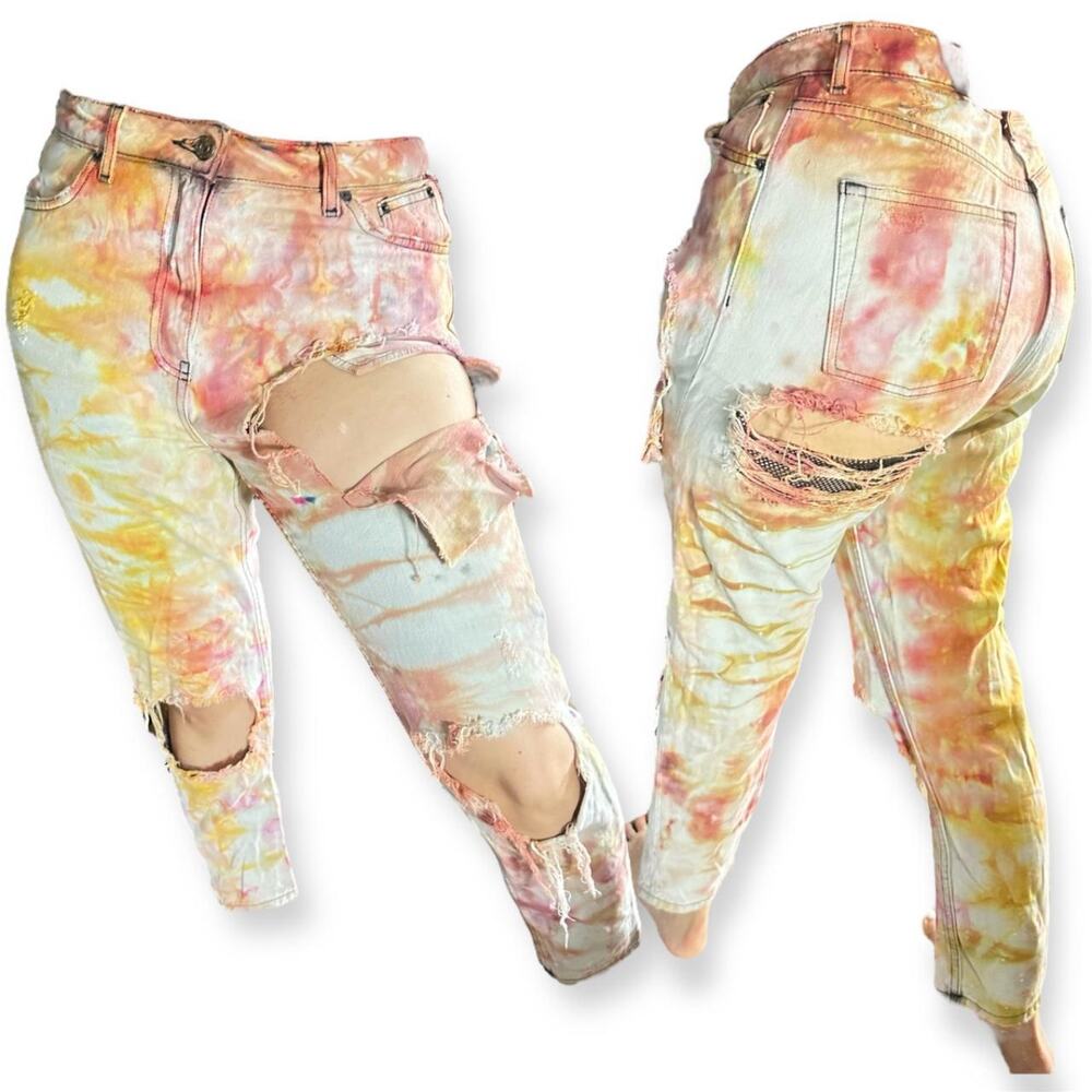 Custom Tie Dye Sunset Denim Distressed Jeans Sz M